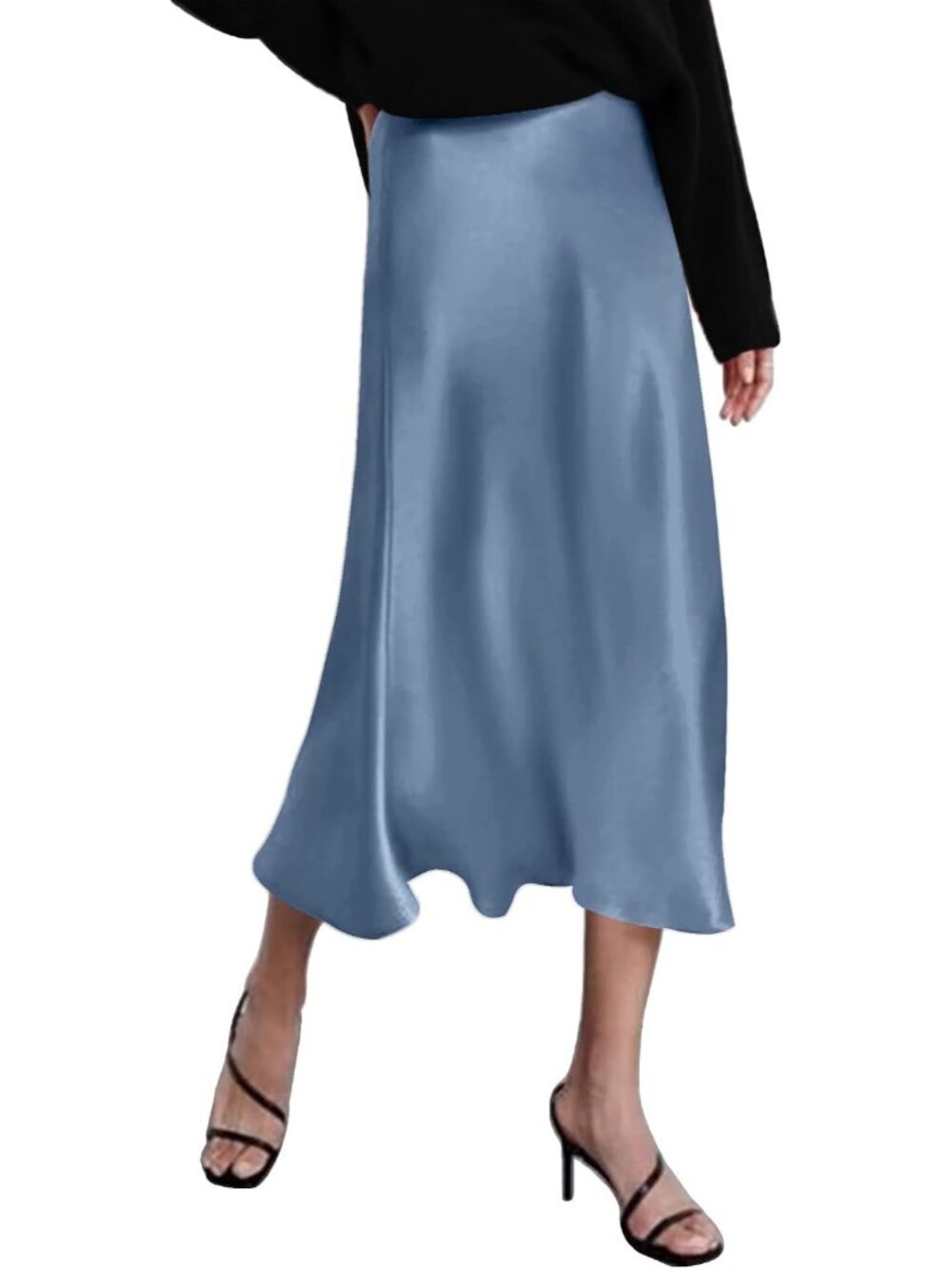 Women Blue High Waisted Solid Satin Dress Zipper Silky Slip A-Line Midi Skirt